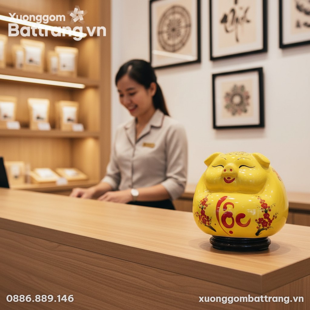 Heo đất men vàng 30cm đặt trên quầy lễ tân bằng...