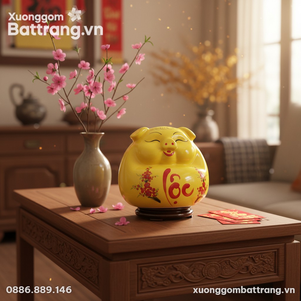 Heo đất men vàng 30cm đặt trên bàn trà gỗ trong...