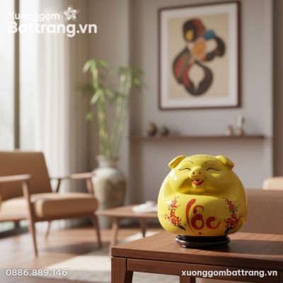 Cận cảnh heo đất men vàng 30cm trên đế gỗ, nổi ...