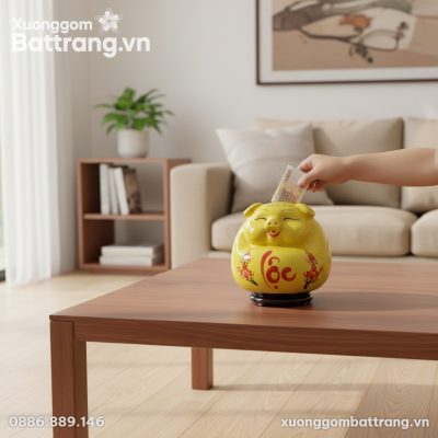 Heo đất men vàng 30cm đặt trên bàn gỗ thấp tron...