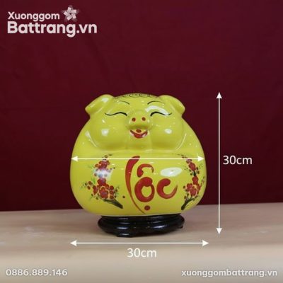 Kích thước Heo Đất Dáng Phệ Đứng Men Vàng Vẽ Cành Đào XG-HD06