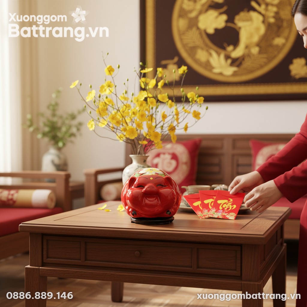 Ch&uacute; heo đất men đỏ rực rỡ nằm tr&ecirc;n b&agrave;n tr&agrave; tron...