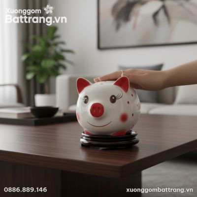 Cận cảnh chú heo đất chấm bi đỏ cao 23cm bằng g...