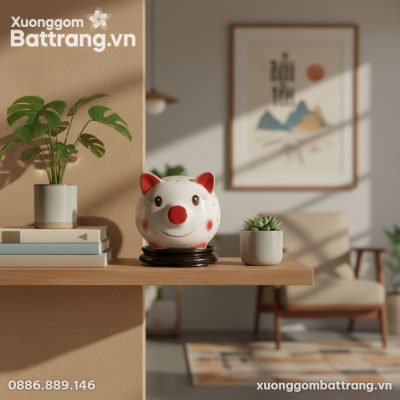 Chú heo đất chấm bi đỏ cao 23cm, men trắng bóng...