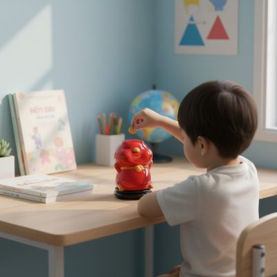 Heo đất bánh bao đỏ 16cm đặt trên bàn học gỗ tr...