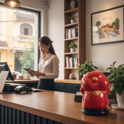 Heo đất bánh bao đỏ 16cm nổi bật trên quầy thu ...