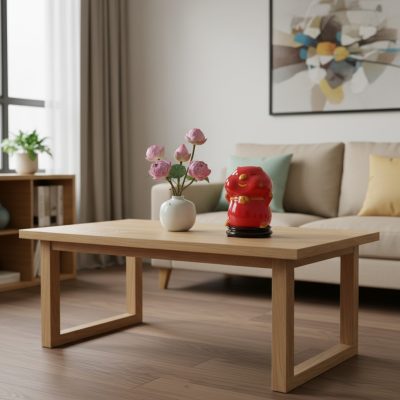 Heo đất bánh bao đỏ 16cm trên bàn trà gỗ đơn gi...