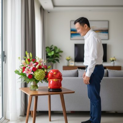 Heo đất bánh bao đỏ 16cm được đặt trang trọng t...