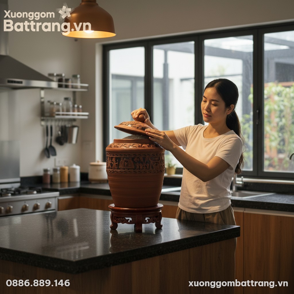 Hũ đựng gạo gốm đất nung lớn với họa tiết Đông ...