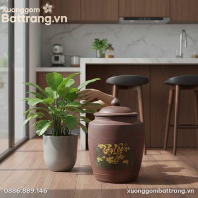 Hũ đựng gạo Bát Tràng lớn họa tiết sen tài lộc ...