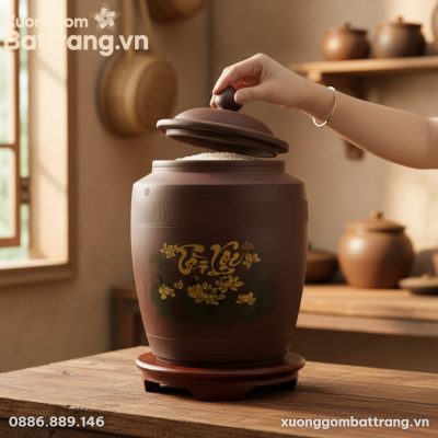 Một cận cảnh chi tiết hũ đựng gạo Bát Tràng cỡ ...