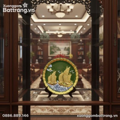 Đĩa cảnh Thuận Buồm Xuôi Gió 28cm với men xanh ...