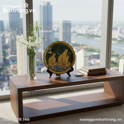 đĩa cảnh Thuận Buồm Xuôi Gió men xanh lá 28cm đ...