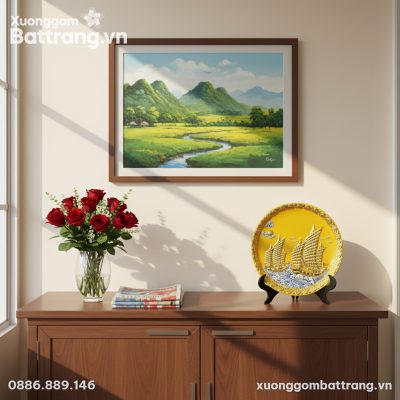 Một chiếc đĩa trang trí Thuận Buồm Xuôi Gió men...