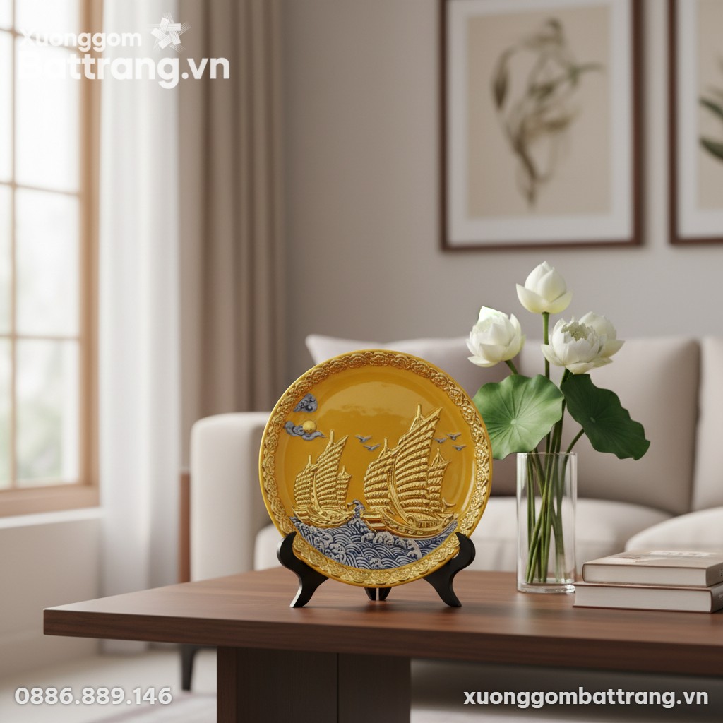 Cận cảnh đĩa trang trí Thuận Buồm Xuôi Gió men ...