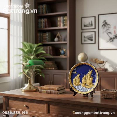 Đĩa trang trí Thuận Buồm Đắp Nổi Dát Vàng cao ...