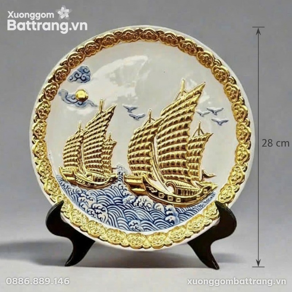 Kích thước Đĩa Trang Trí Thuận Buồm Xuôi Gió Đắp Nổi Dát Vàng Men Trắng XG-DC02