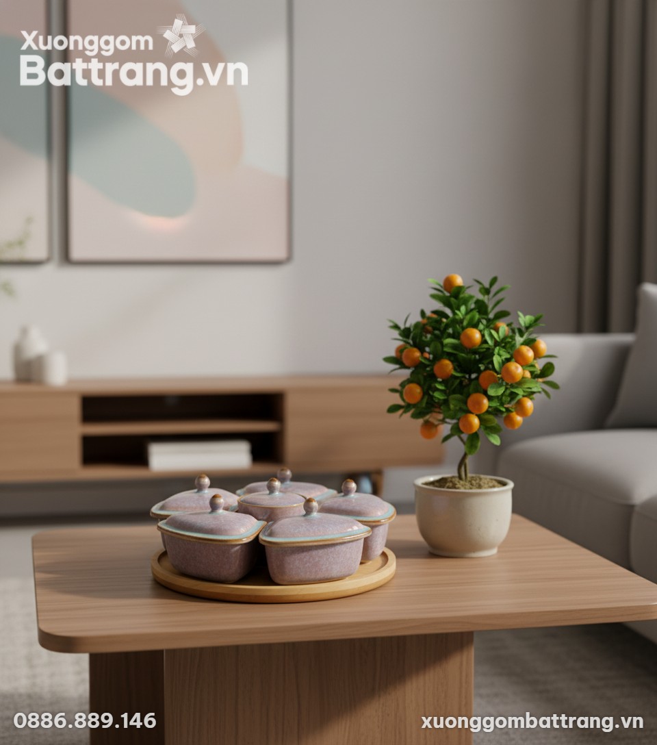 Khay mứt gốm sứ men hỏa biến độc đáo với sắc tí...