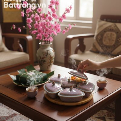 Góc nhìn cận cảnh khay mứt men hỏa biến dáng bô...