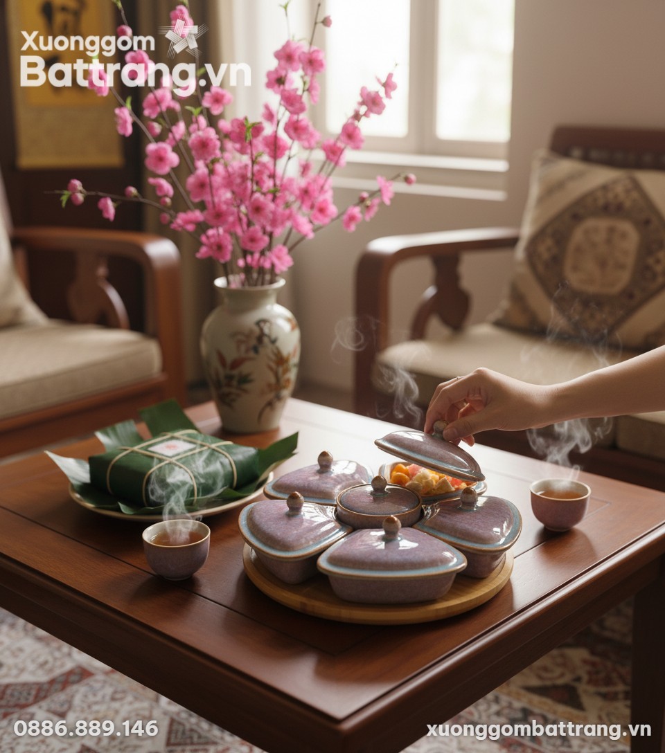 Góc nhìn cận cảnh khay mứt men hỏa biến dáng bô...