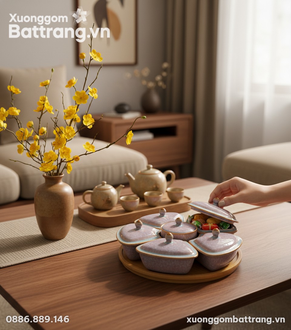 Khay mứt men hỏa biến tím hồng đặt trang trọng ...