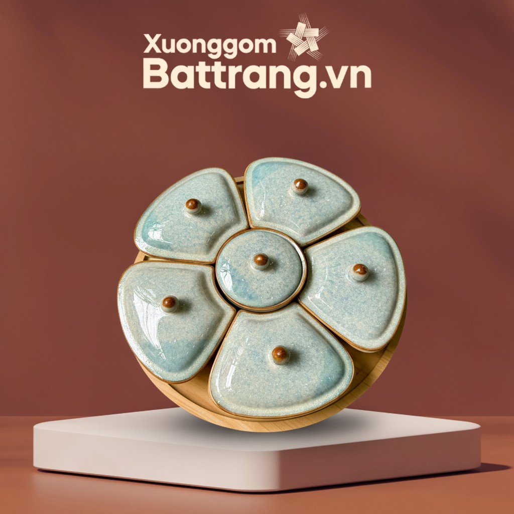 Khay Mứt Tết Dáng Hoa 5 Cánh Men Hỏa Biến Xanh XG-KM05