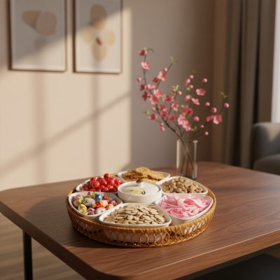 Cận cảnh khay mứt Tết gốm sứ hoa mai vàng trong...