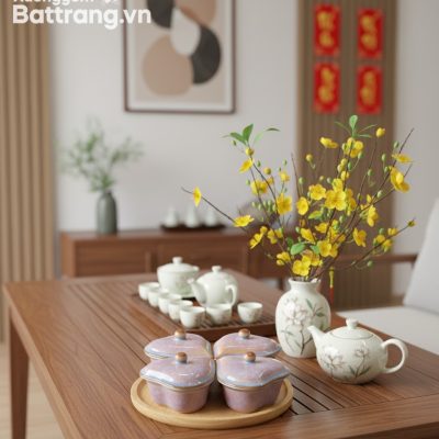 Khay mứt Tết gốm men hỏa biến hồng tím dáng trá...