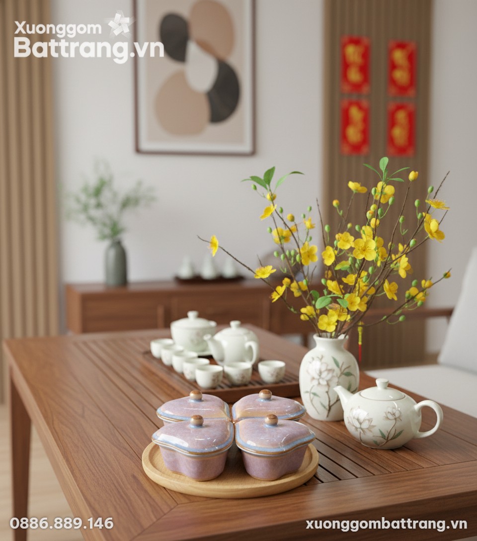 Khay mứt Tết gốm men hỏa biến hồng tím dáng trá...