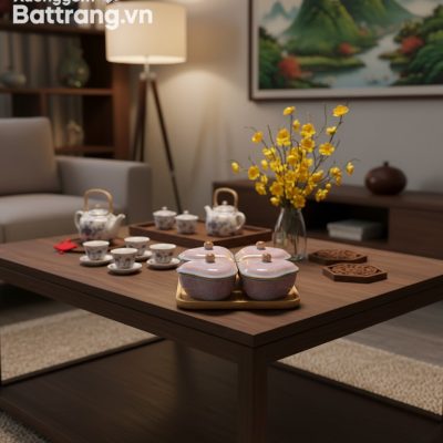 Khay mứt Tết gốm men hỏa biến hồng tím dáng trá...