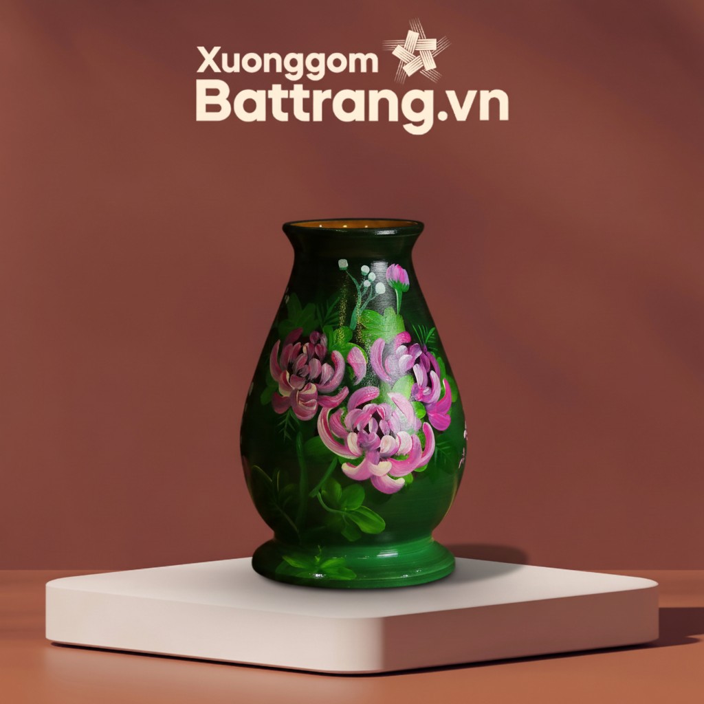 Lọ Hoa Hoa Mẫu Đơn Trên Gốm Vuốt Tay Bát Tràng XG-LH01