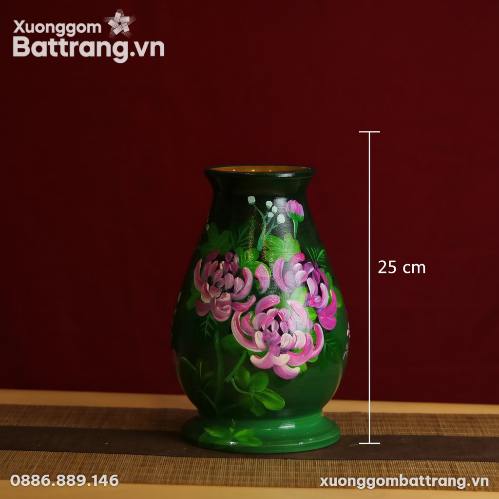 Kích thước Lọ Hoa Hoa Mẫu Đơn Trên Gốm Vuốt Tay Bát Tràng XG-LH01