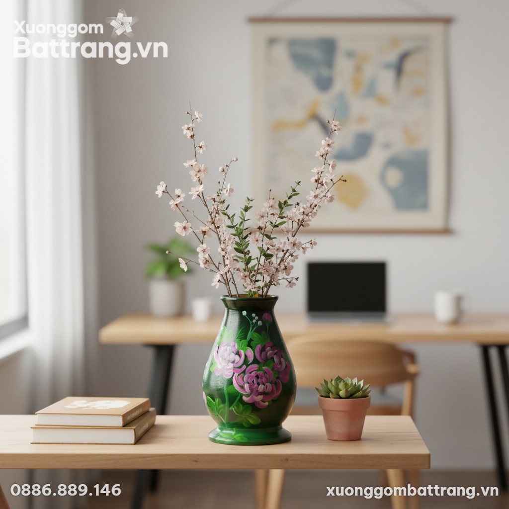 Lọ hoa gốm Bát Tràng 25cm họa tiết mẫu đơn đặt ...