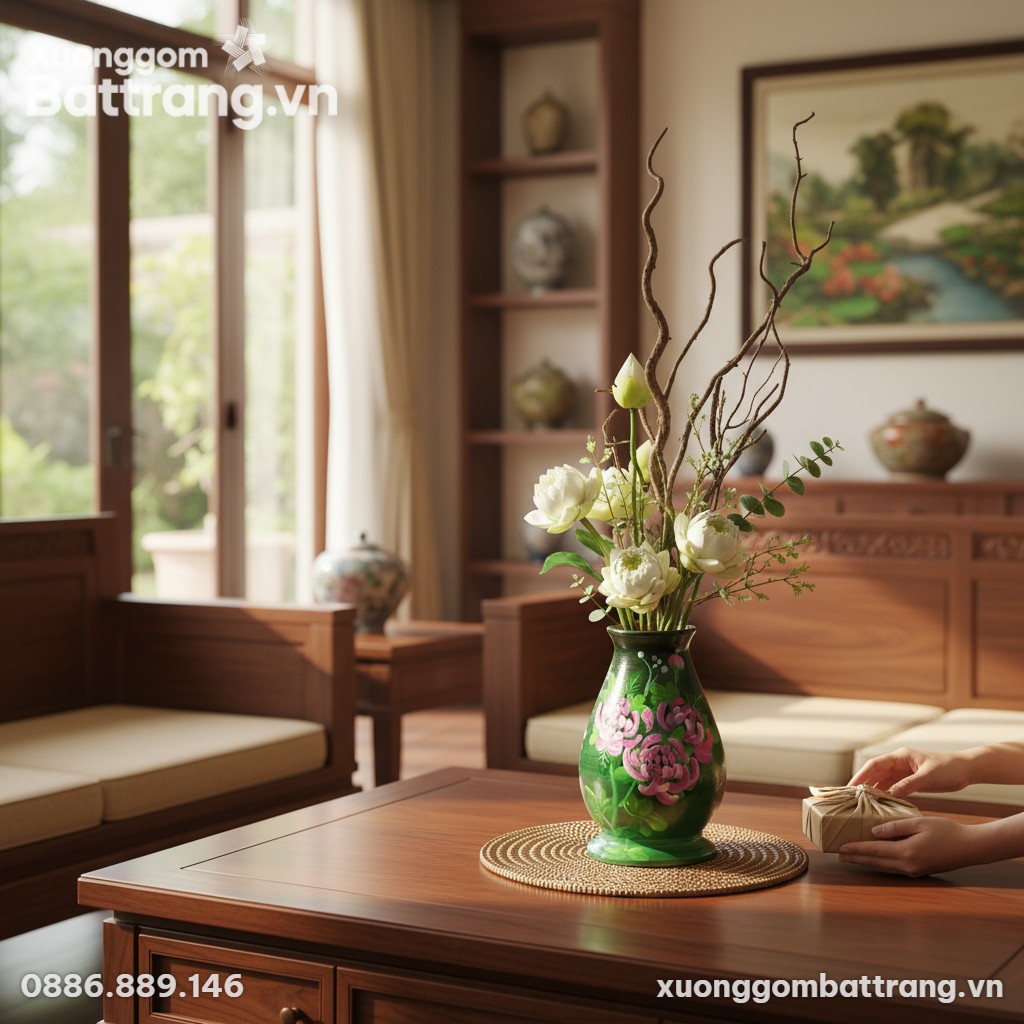 Lọ hoa gốm Bát Tràng 25cm họa tiết mẫu đơn được...