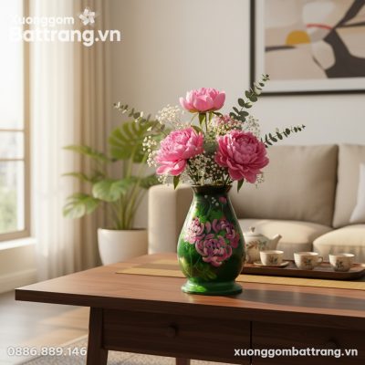 Lọ hoa gốm Bát Tràng 25cm họa tiết mẫu đơn đặt ...