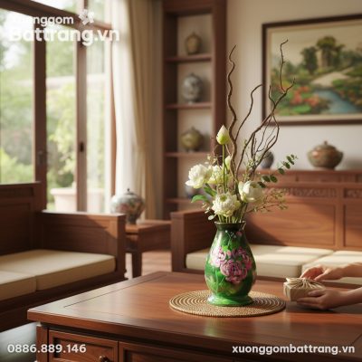 Lọ hoa gốm Bát Tràng 25cm họa tiết mẫu đơn được...