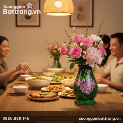 Lọ hoa gốm Bát Tràng 25cm với hoa mẫu đơn cắm h...