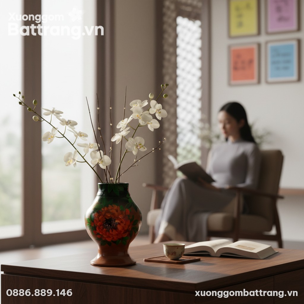 Một lọ hoa gốm sứ Bát Tràng cao 27cm với họa ti...