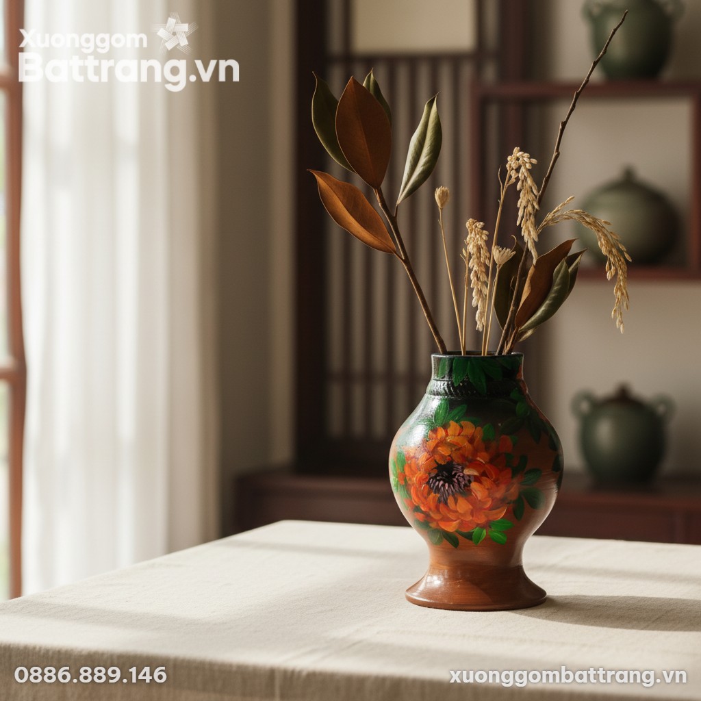 Cận cảnh lọ hoa gốm sứ Bát Tràng cao 27cm, tập ...