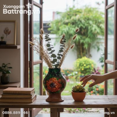 Cận cảnh lọ hoa gốm sứ Bát Tràng cao 27cm với h...