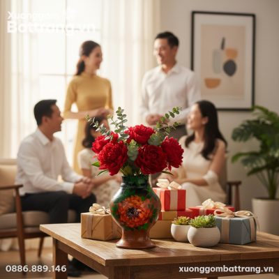 Một lọ hoa gốm sứ Bát Tràng cao 27cm với hoa mẫ...