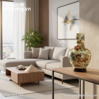 Góc nhìn cận cảnh lọ tỏi men kem đắp nổi Mã Đáo...