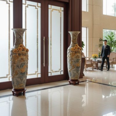 2 bên cửa ra vào chính một tòa nhà văn phòng ho...