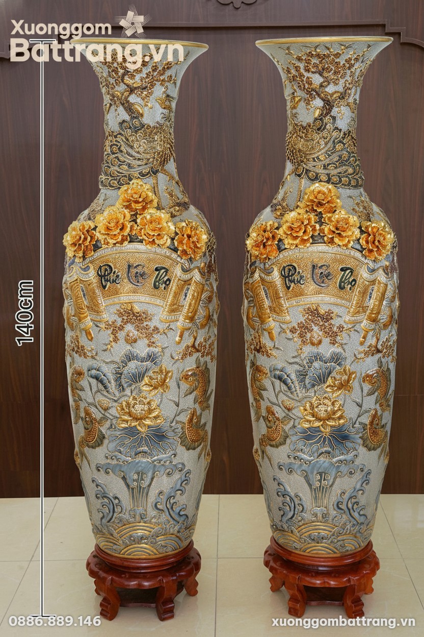 Kích thước Lộc Bình Men Rạn Đắp Nổi Dát Vàng Họa Tiết Hoa Sen XG-LB06