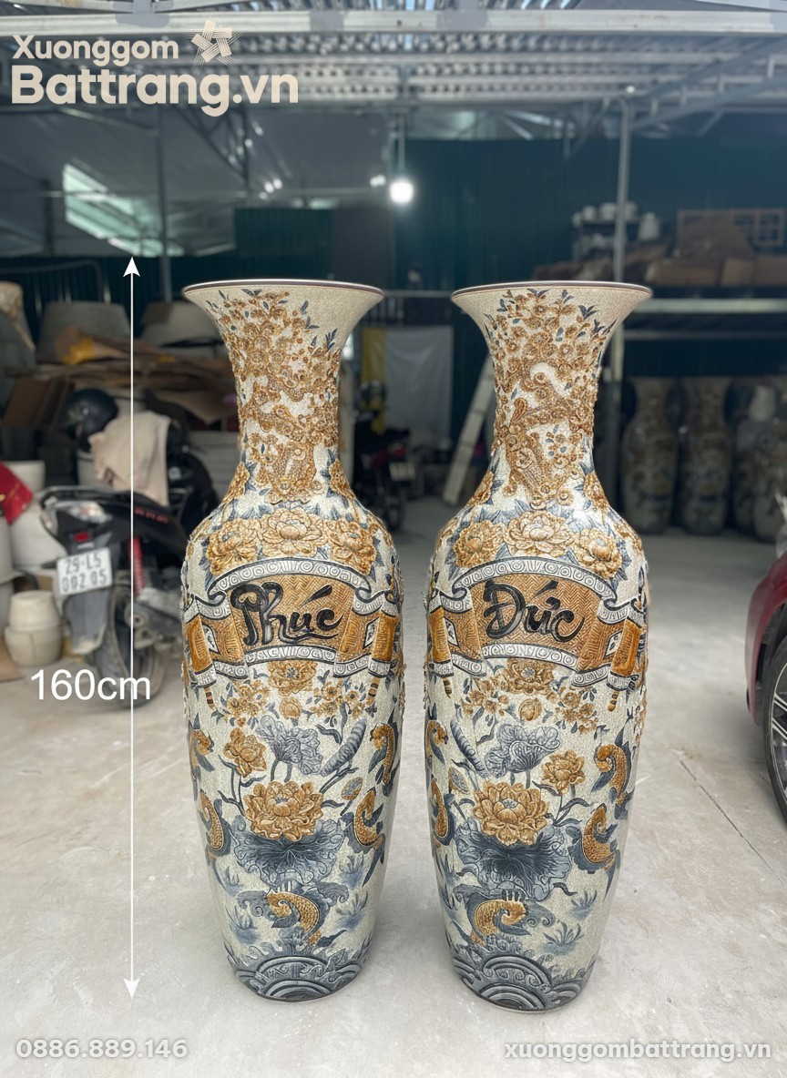 Kích thước Lộc Bình Men Rạn Đắp Nổi Hoa Sen Phúc Đức XG-LB03