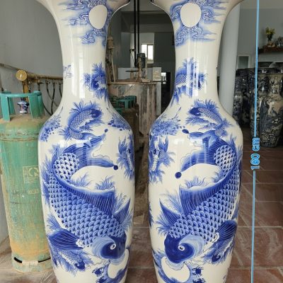 Kích thước Lục Bình Men Lam Lý Ngư Chầu Nguyệt Vẽ Tay XG-LB04