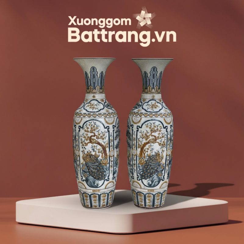 Cặp lục b&igrave;nh men rạn họa tiết tứ cảnh đắp nổi