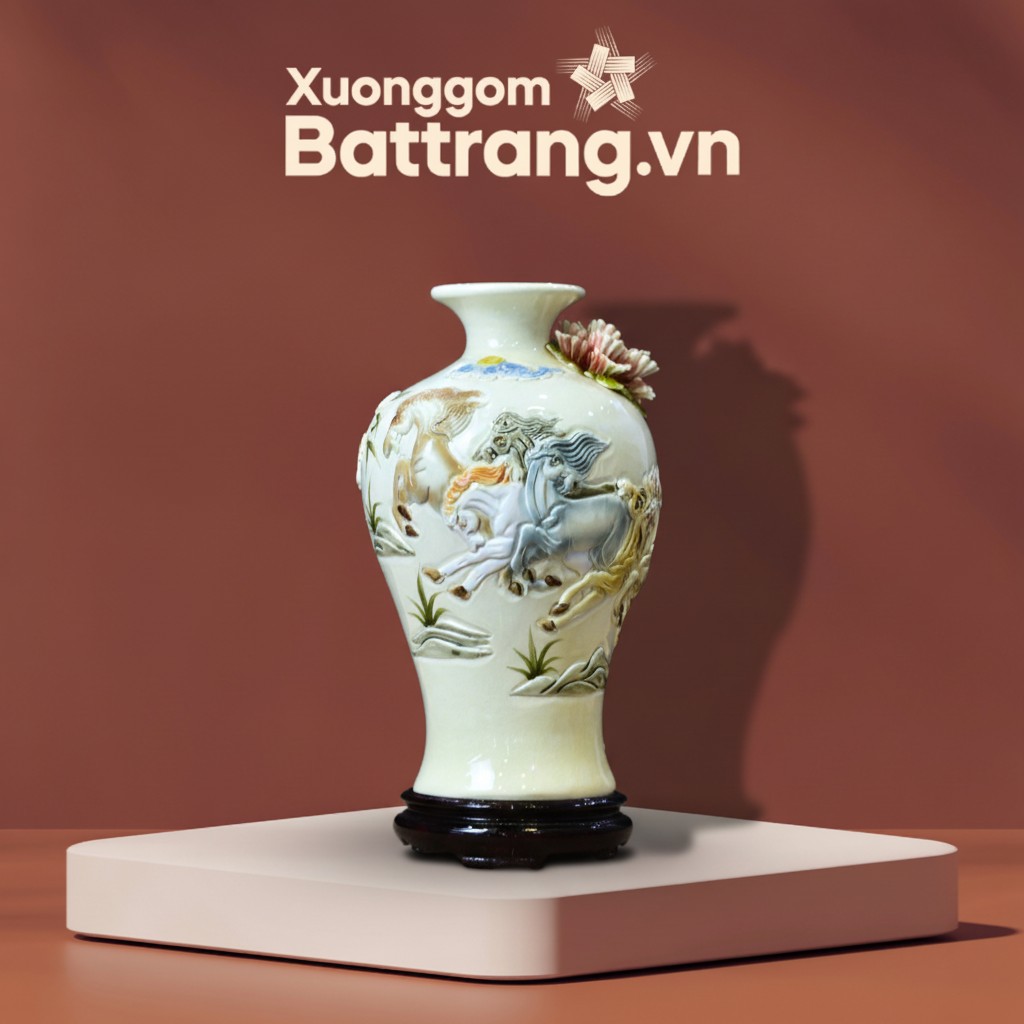 Mai Bình Tích Lộc Đắp Nổi Mã Đáo Thành Công Men Kem XG-MB01