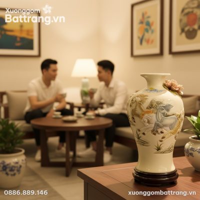 Cận cảnh chiếc Mai Bình Tích Lộc men kem 30cm v...