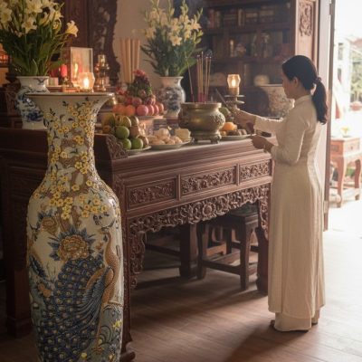 Phòng thờ Việt Nam trang nghiêm với cặp lộc bìn...